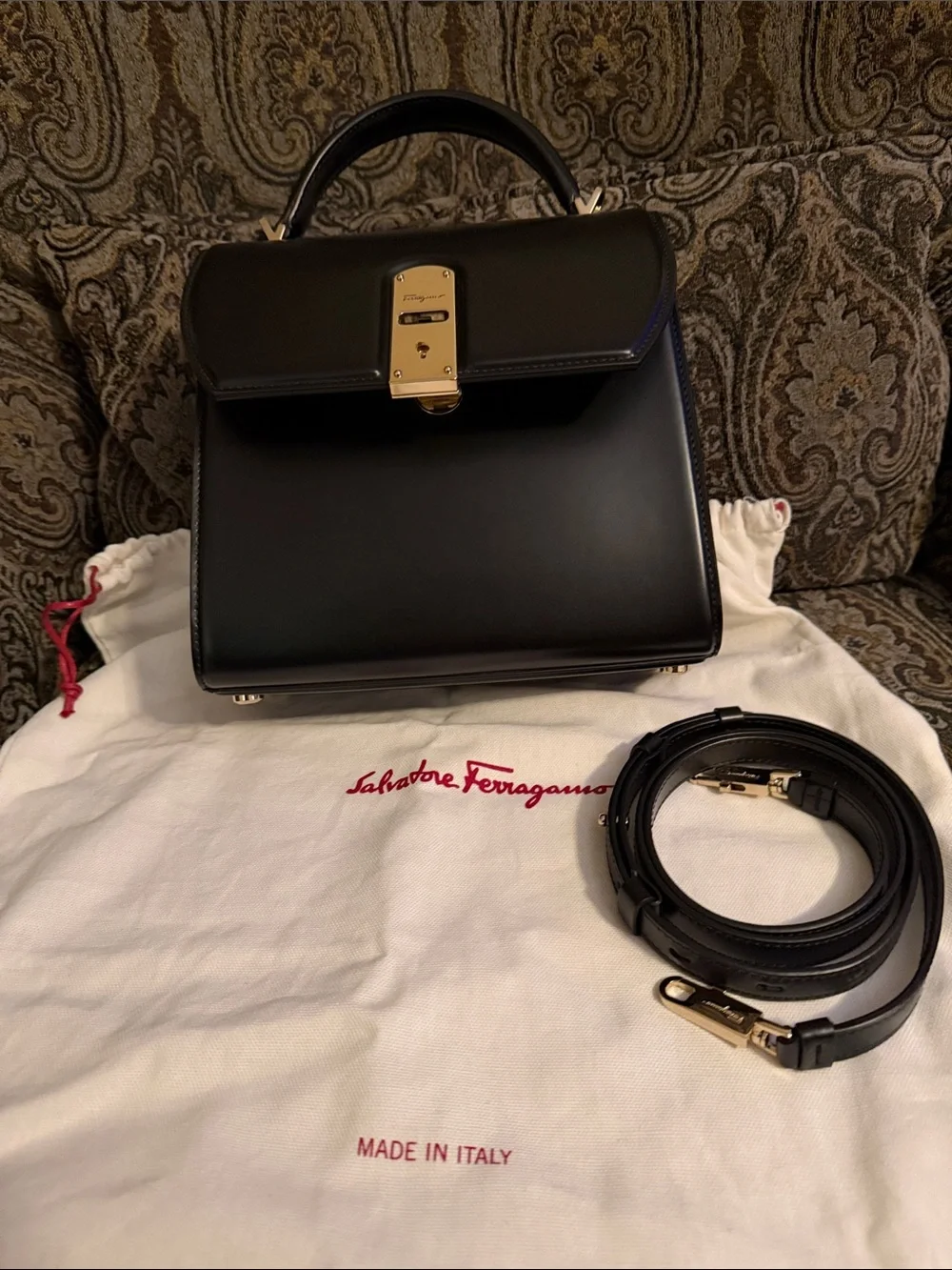 Salvatore Ferragamo Black Leather Top Handle Satchel with Gold Hardware